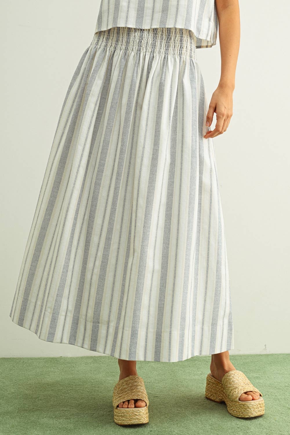 S6381ST   STRIPE PATTERN SMOCK WAIST LONG SKIRT: BLUE/OATMEAL / M