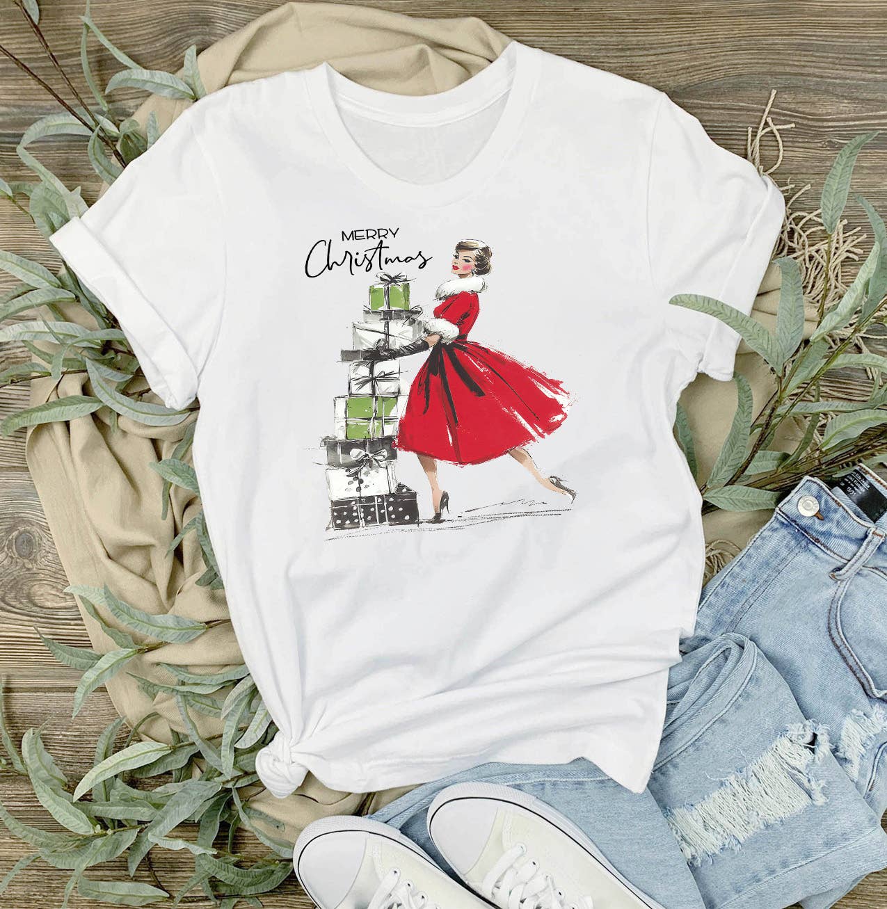 White Retro Christmas 1950 Ladies T-Shirt Small
