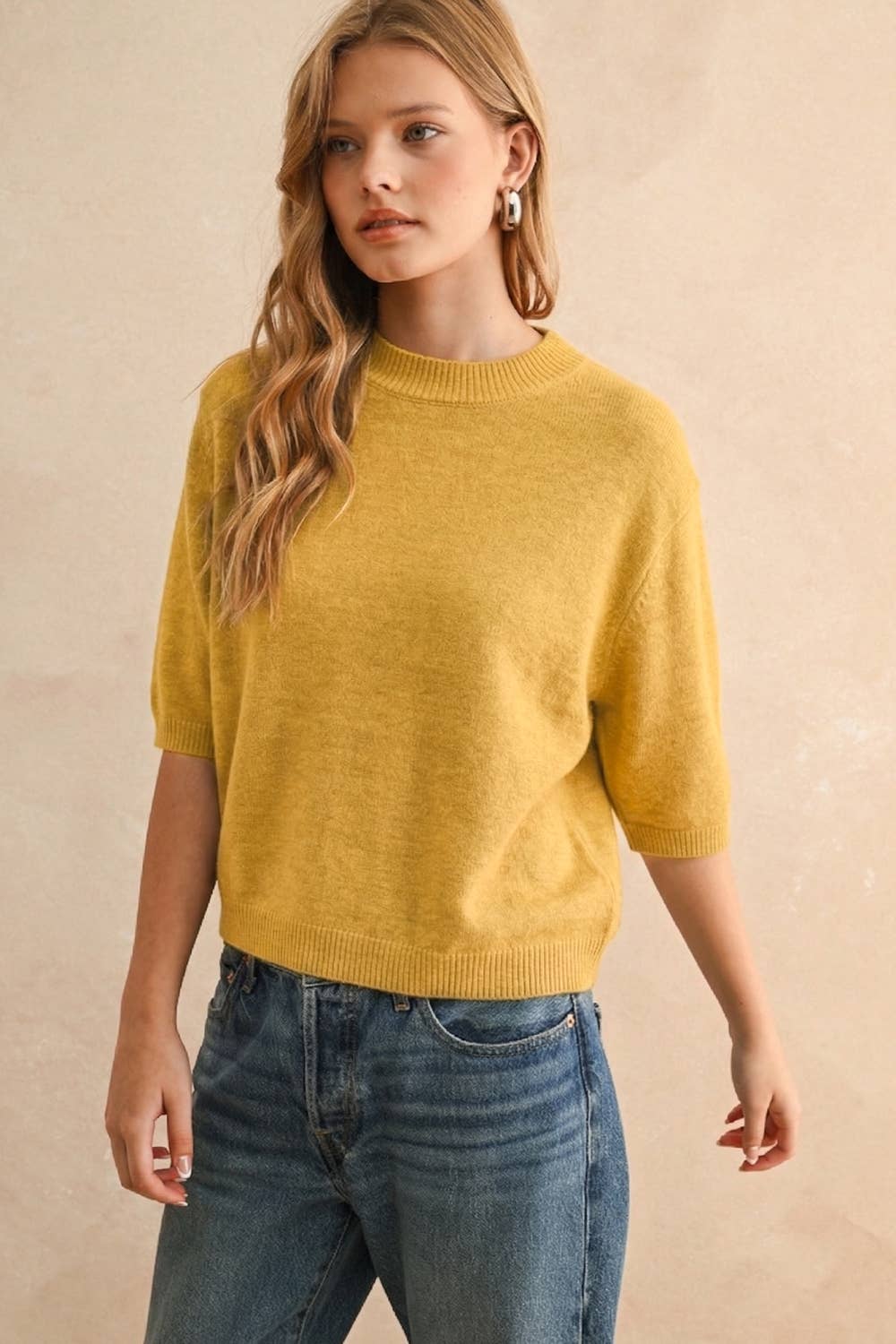 T3675   SHORT SLEEVE SWEATER TOP: CASHMERE BLUE / L