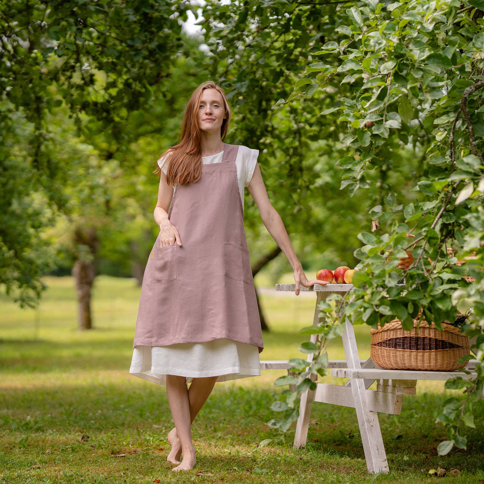 Linen Cross-Back Apron: Stone Green / S/M