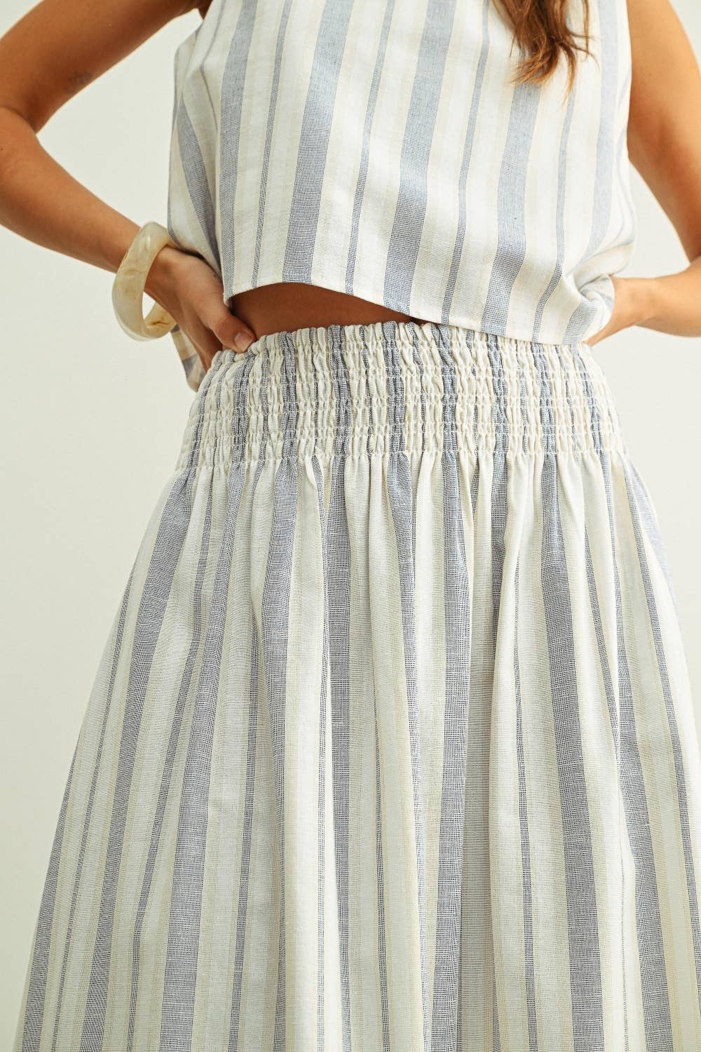 S6381ST   STRIPE PATTERN SMOCK WAIST LONG SKIRT: BLUE/OATMEAL / S
