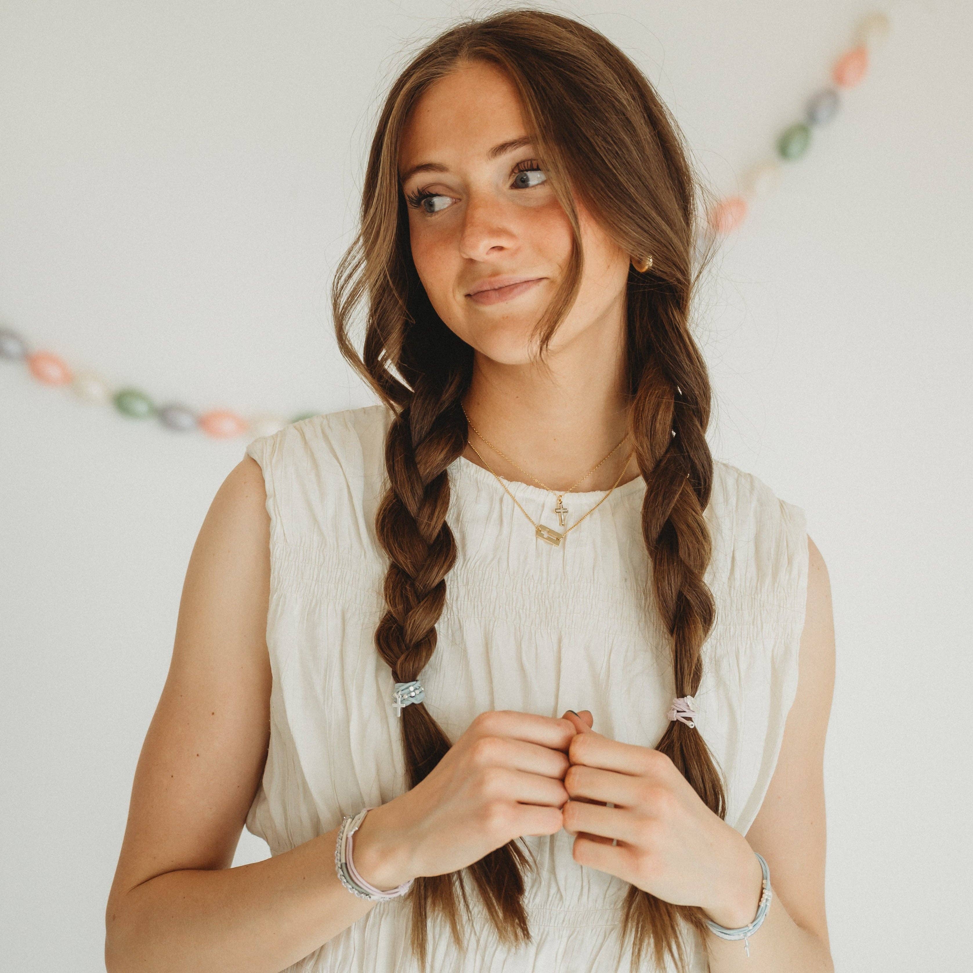 "Praise" Silver Cross with muted Pastels Hair Tie Bracelets: Large