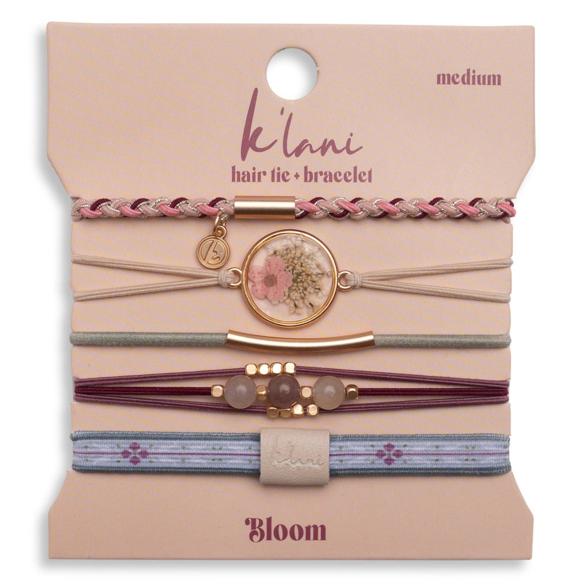 "Bloom" Maroon and Pink with Pressed Flowers Hair Tie Bracelets: Small