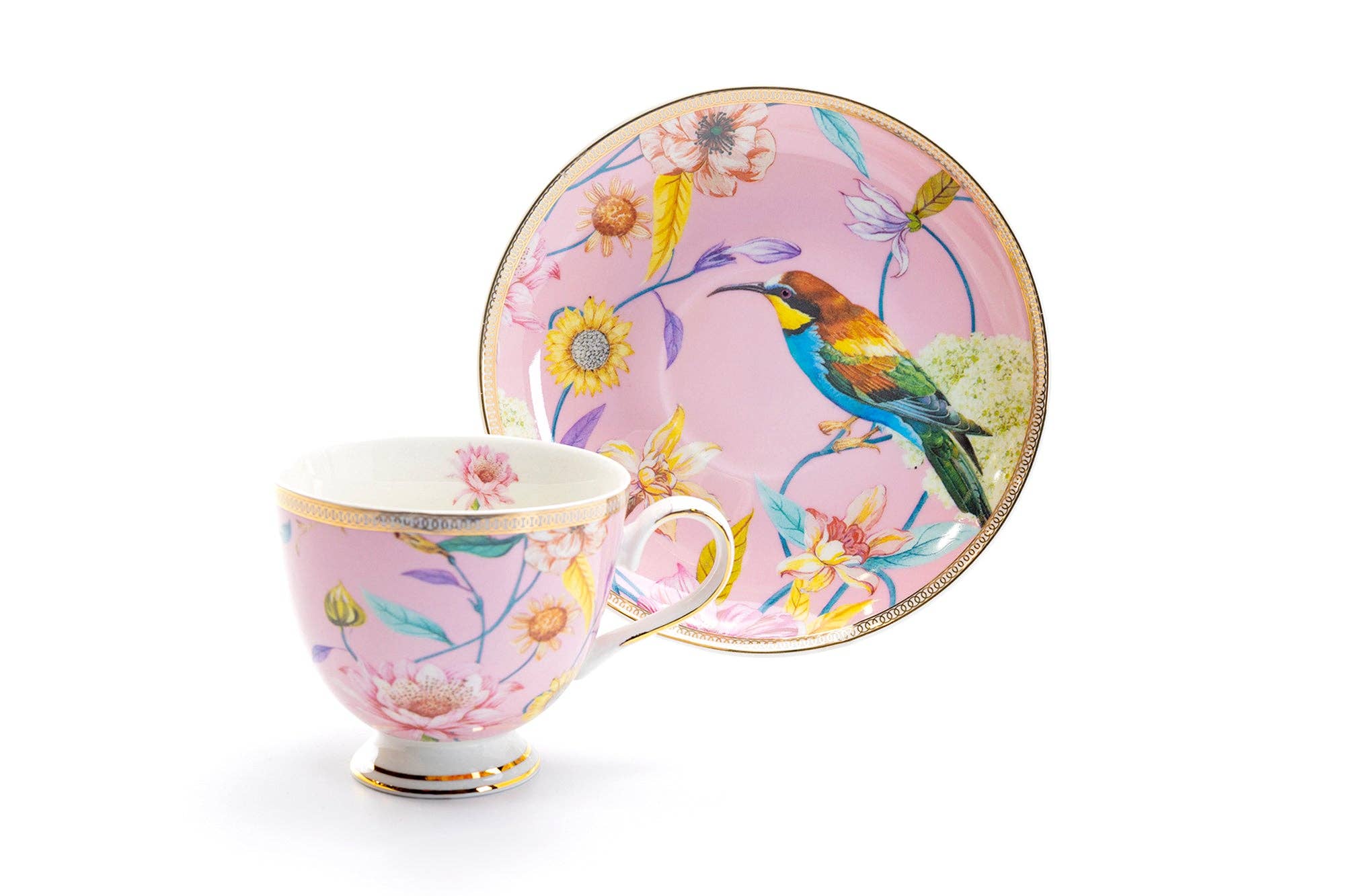 Spring Flowers Hummingbird Porcelain Cup & Saucer Set of 4