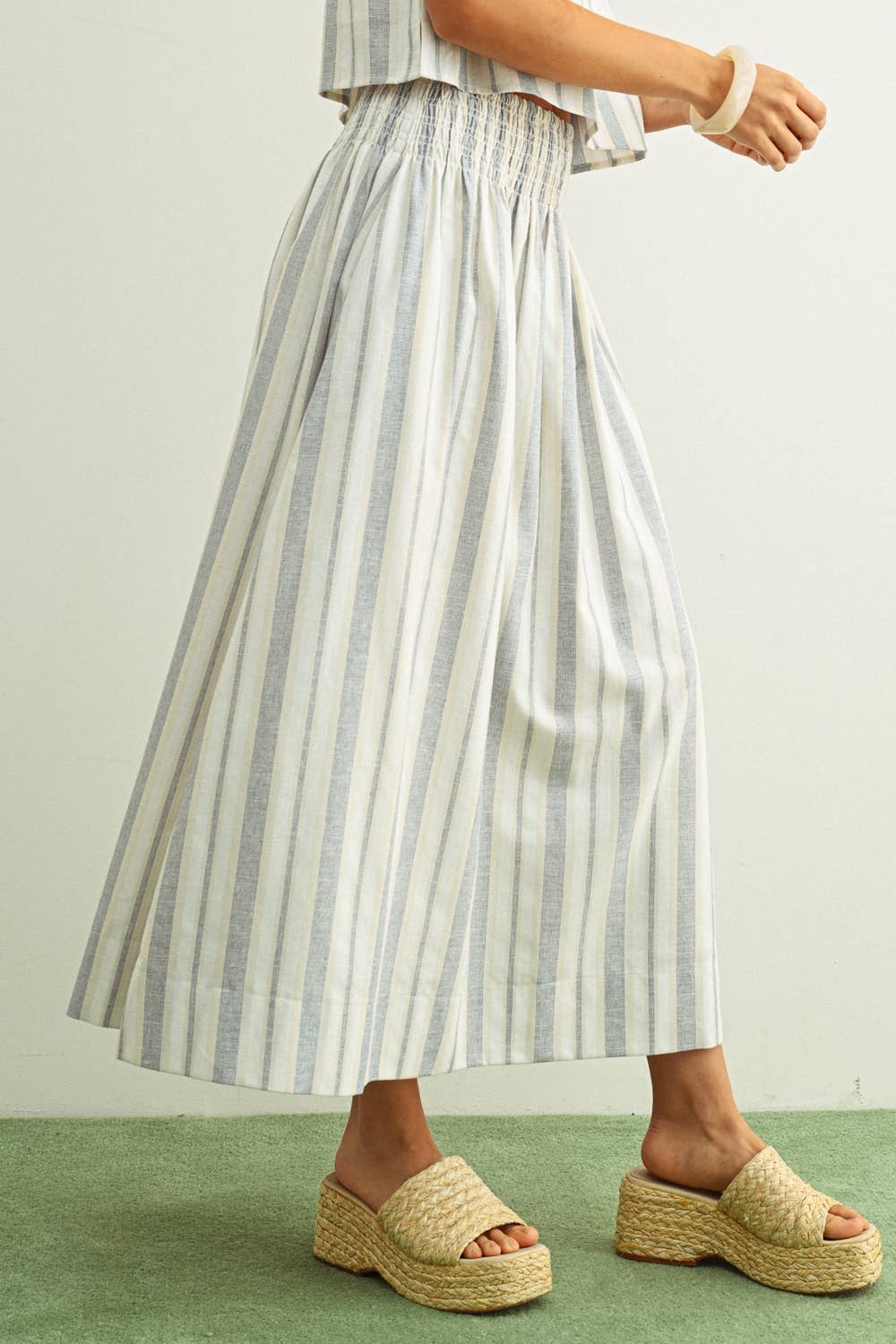S6381ST   STRIPE PATTERN SMOCK WAIST LONG SKIRT: BLUE/OATMEAL / S