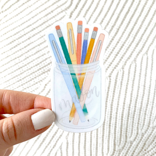 Pens and Pencils Mason Jar Sticker, 3x1.5in