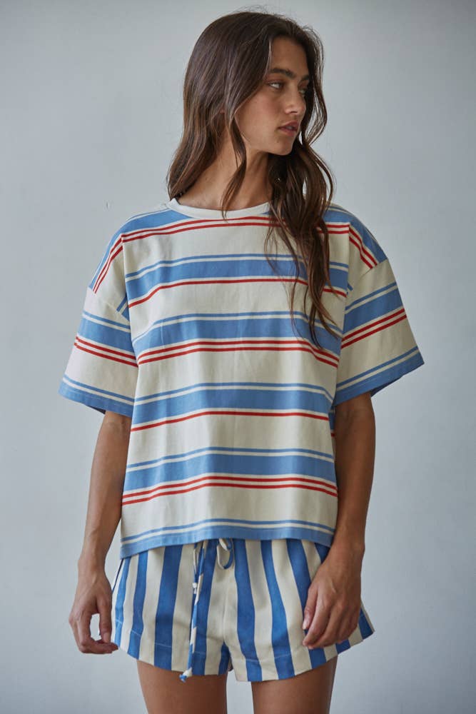 L9696 | Knit Cotton Multi Striped Short Sleeve Top: Cream Blue / L