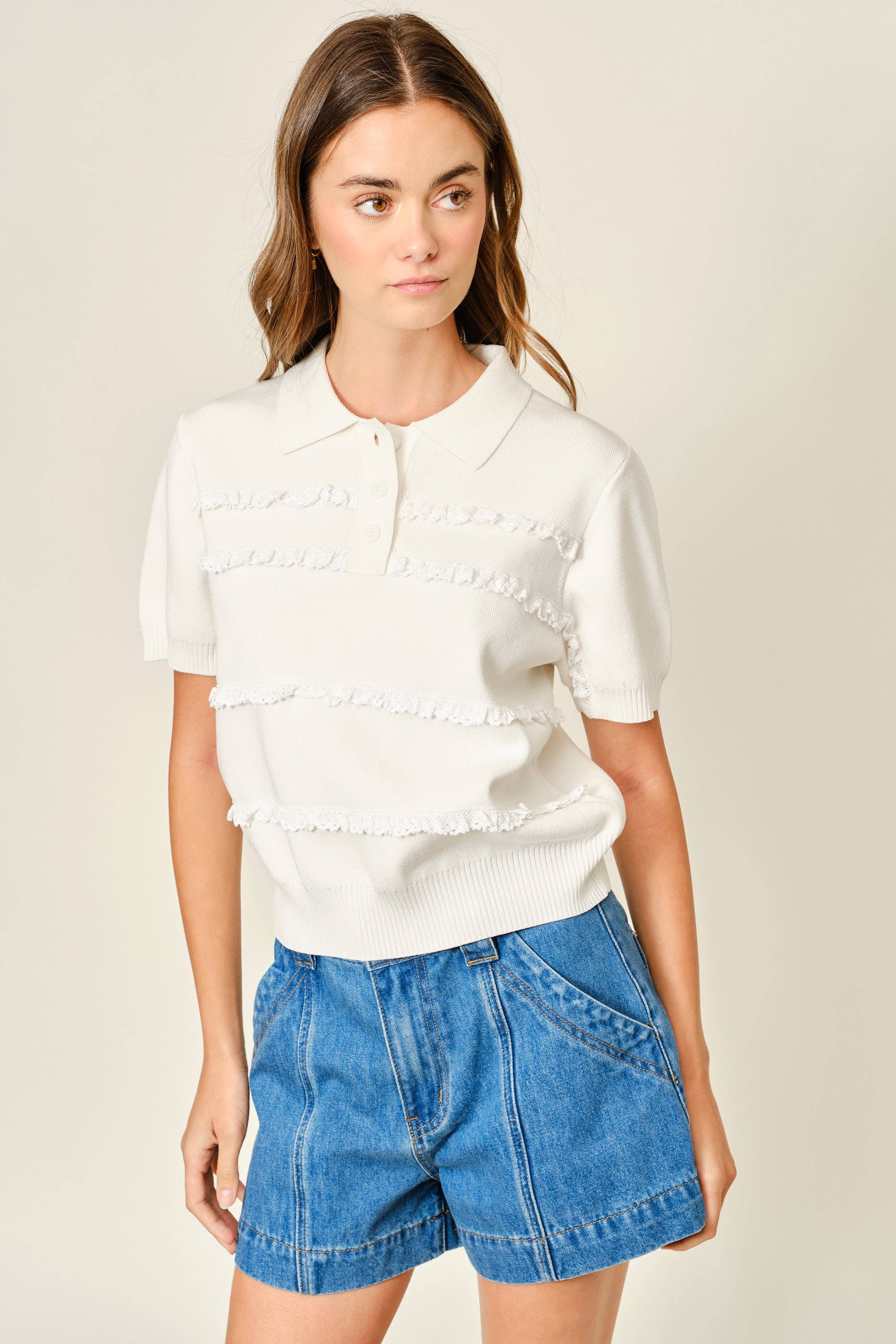 AJT5687 POLO LACE DETAIL SWEATER TOP: OFF WHITE / M