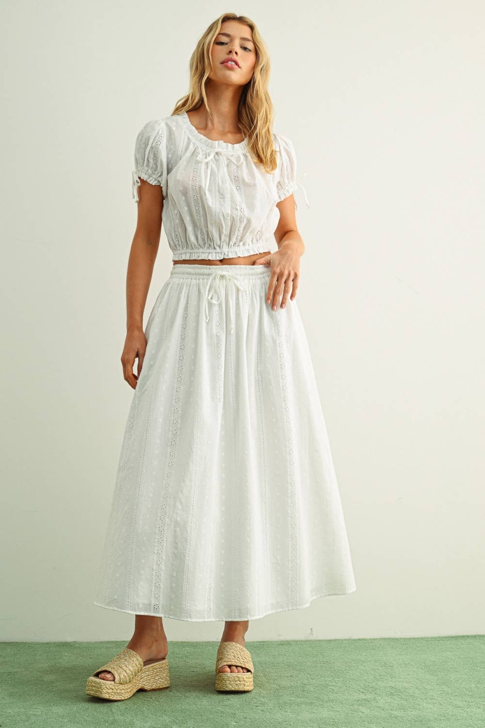 S6546ST   EMBROIDERY ELASTIC BAND WAIST FULL SKIRT: IVORY / S