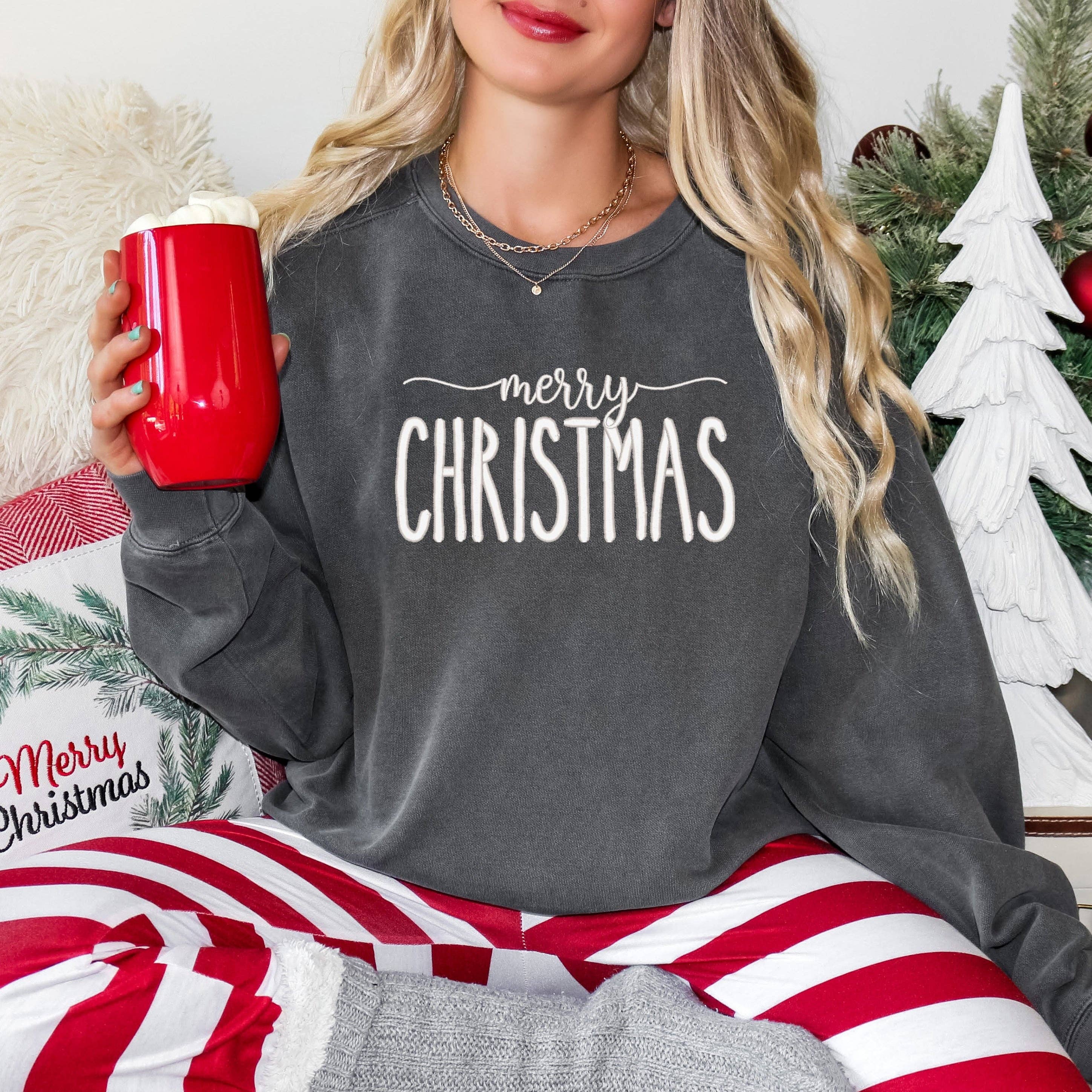 Embroidered Merry Christmas | Garment Dyed Sweatshirt: Pepper / White Thread / Small