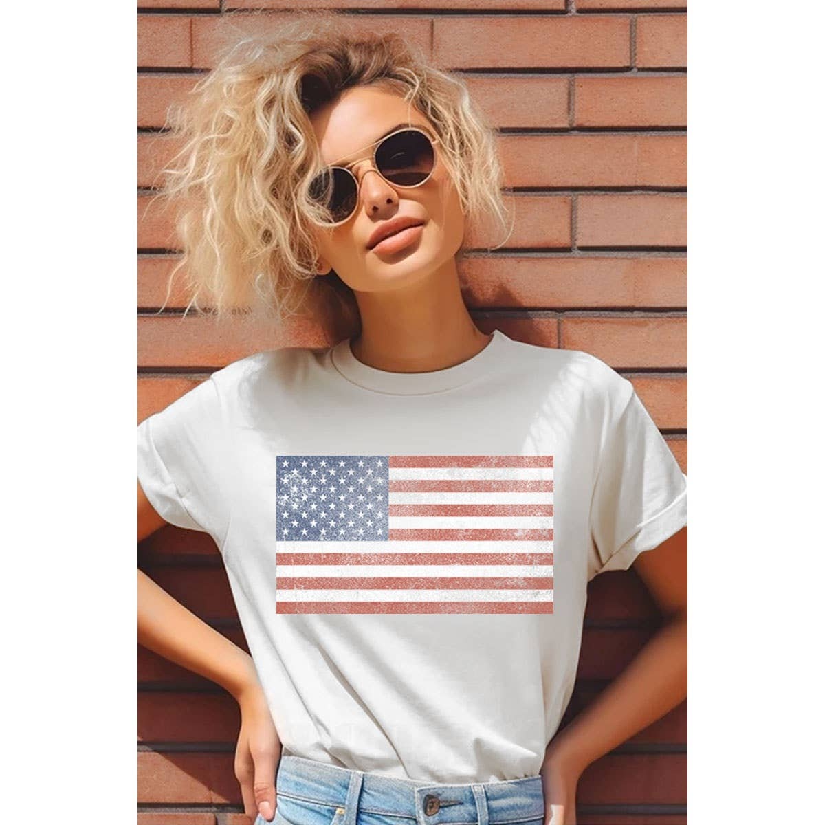 White Vintage American Flag Crop Graphic Tee