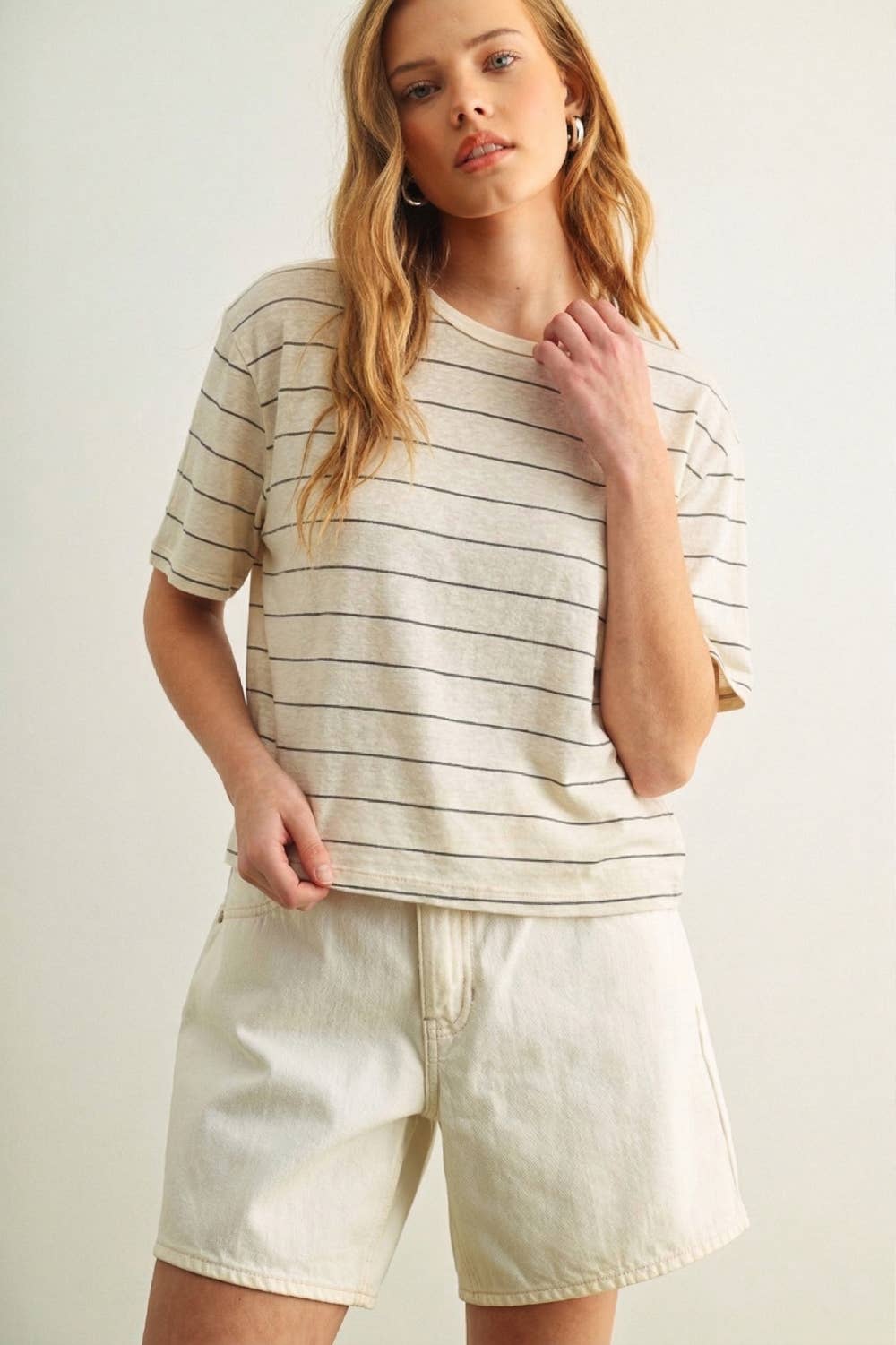ET6395   STRIPE COTTON LINEN TOP: BEIGE/BLACK / M