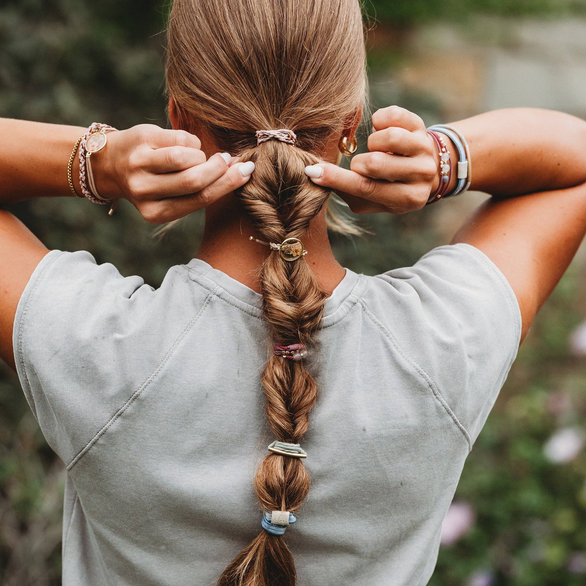 "Bloom" Maroon and Pink with Pressed Flowers Hair Tie Bracelets: Small