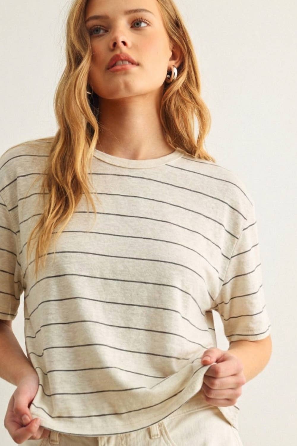 ET6395   STRIPE COTTON LINEN TOP: BEIGE/BLACK / S