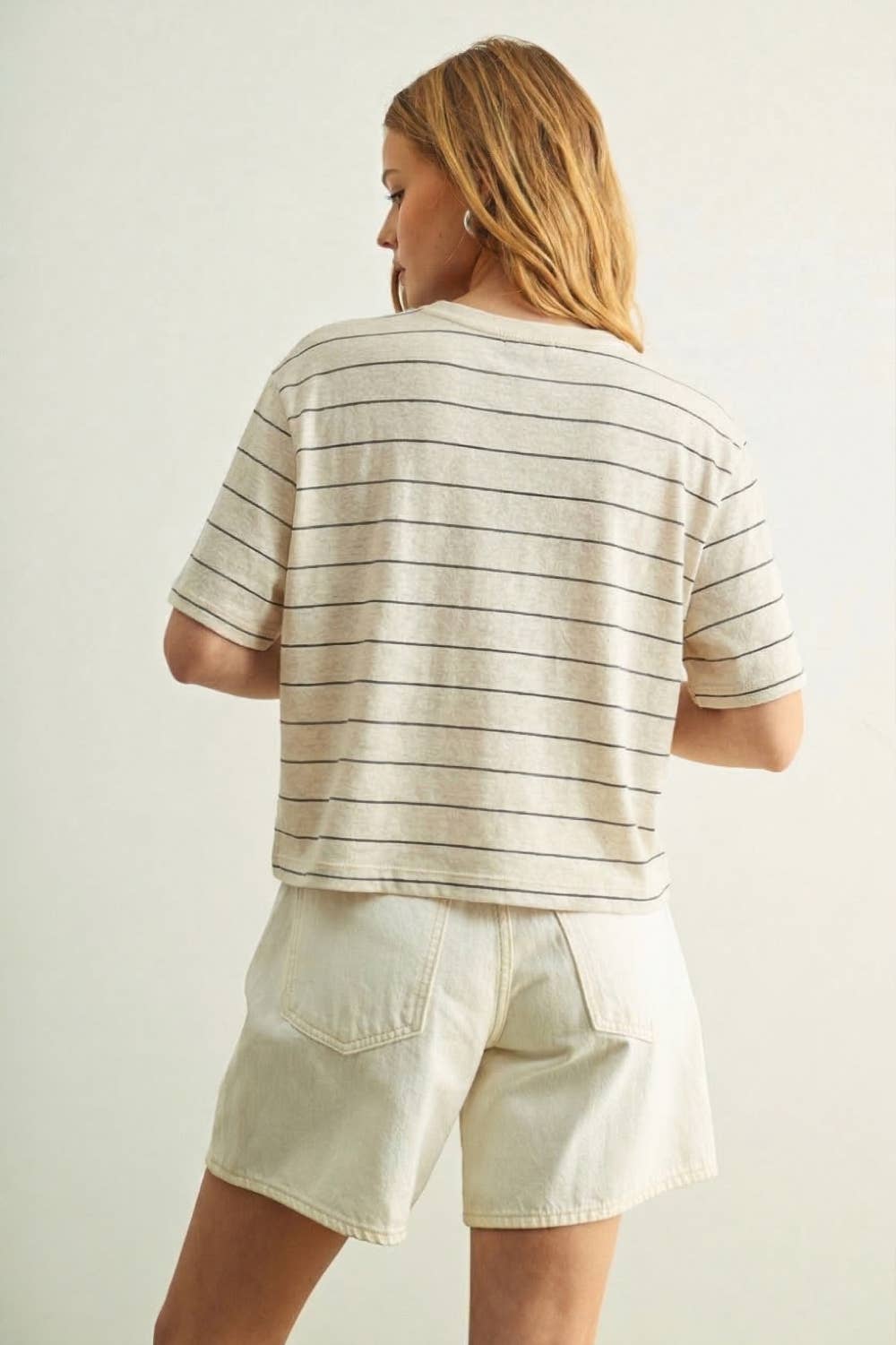 ET6395   STRIPE COTTON LINEN TOP: BEIGE/BLACK / M