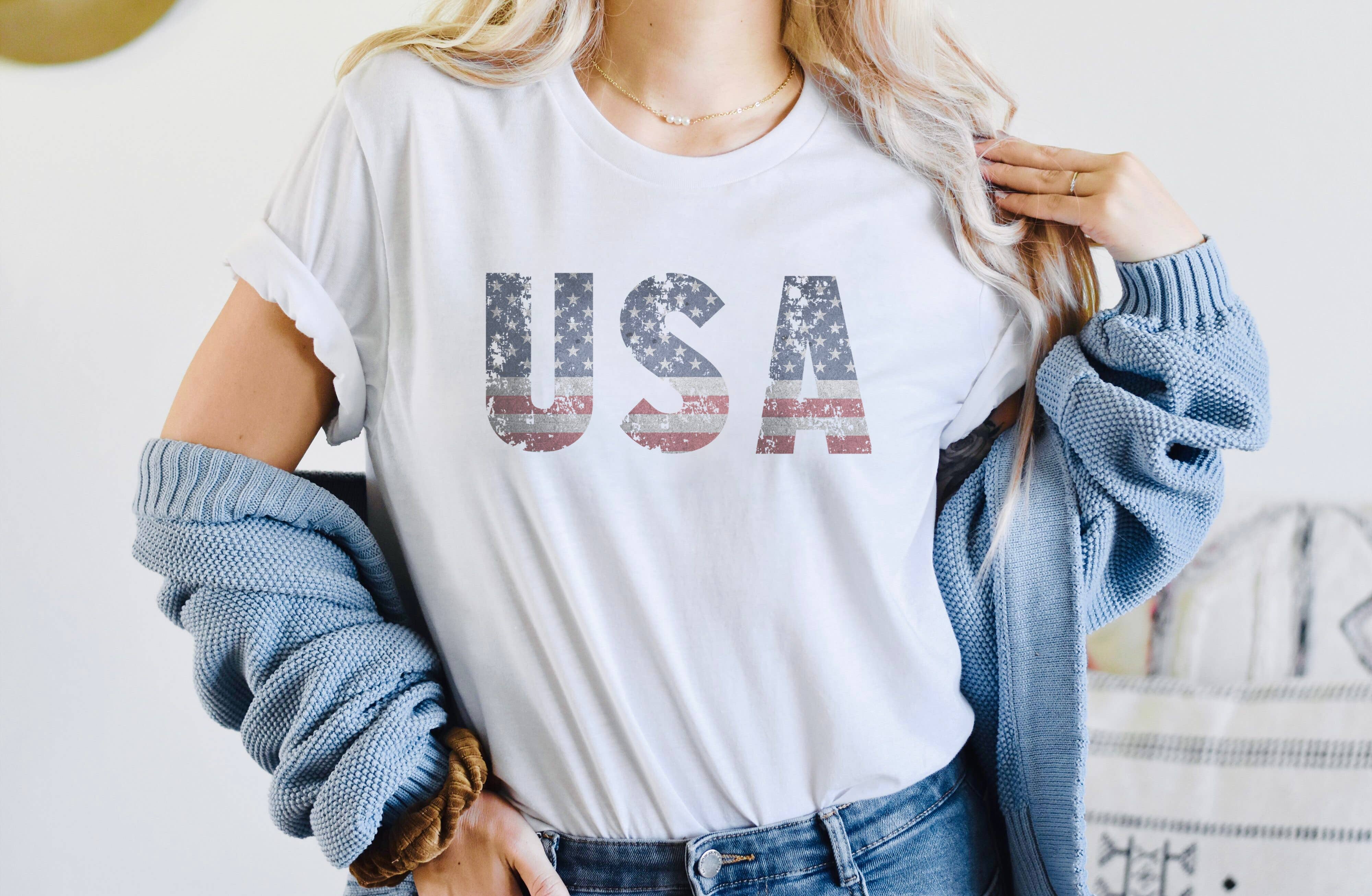 USA American Flag Tee | Patriotic T Shirt: White / Unisex-Small