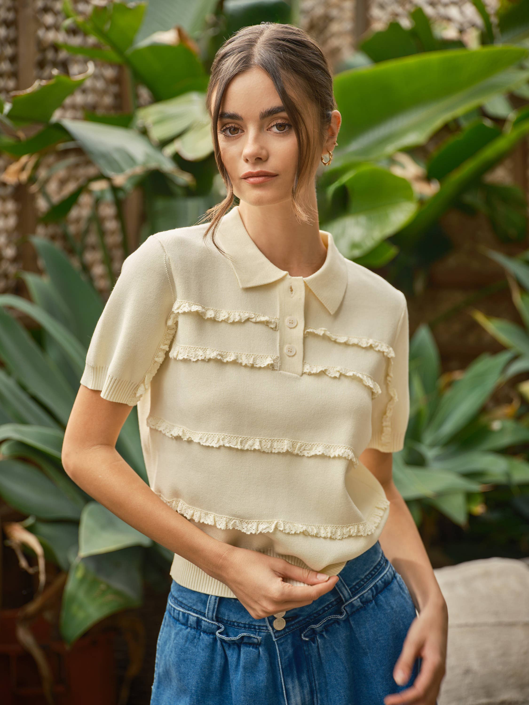 AJT5687 POLO LACE DETAIL SWEATER TOP: OFF WHITE / L