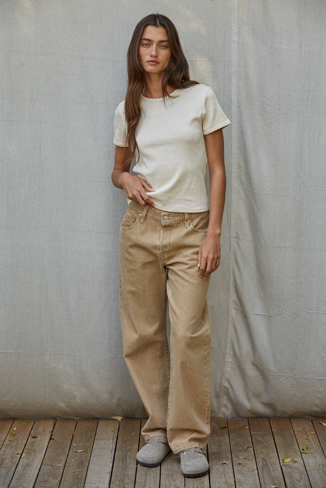 L10099T1 | Knit Cotton Pointelle Short Sleeve Top : Cream / M