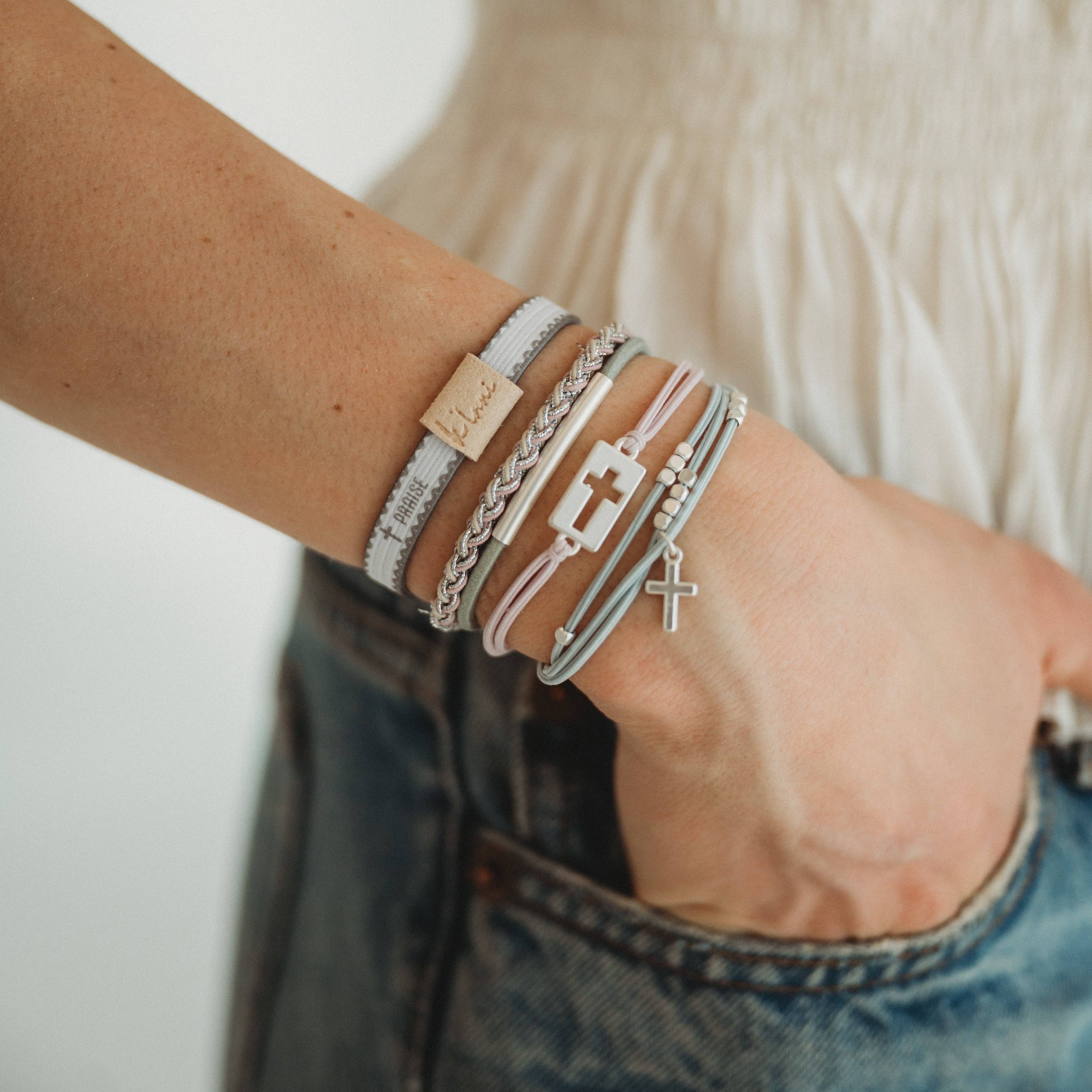 "Praise" Silver Cross with muted Pastels Hair Tie Bracelets: Large
