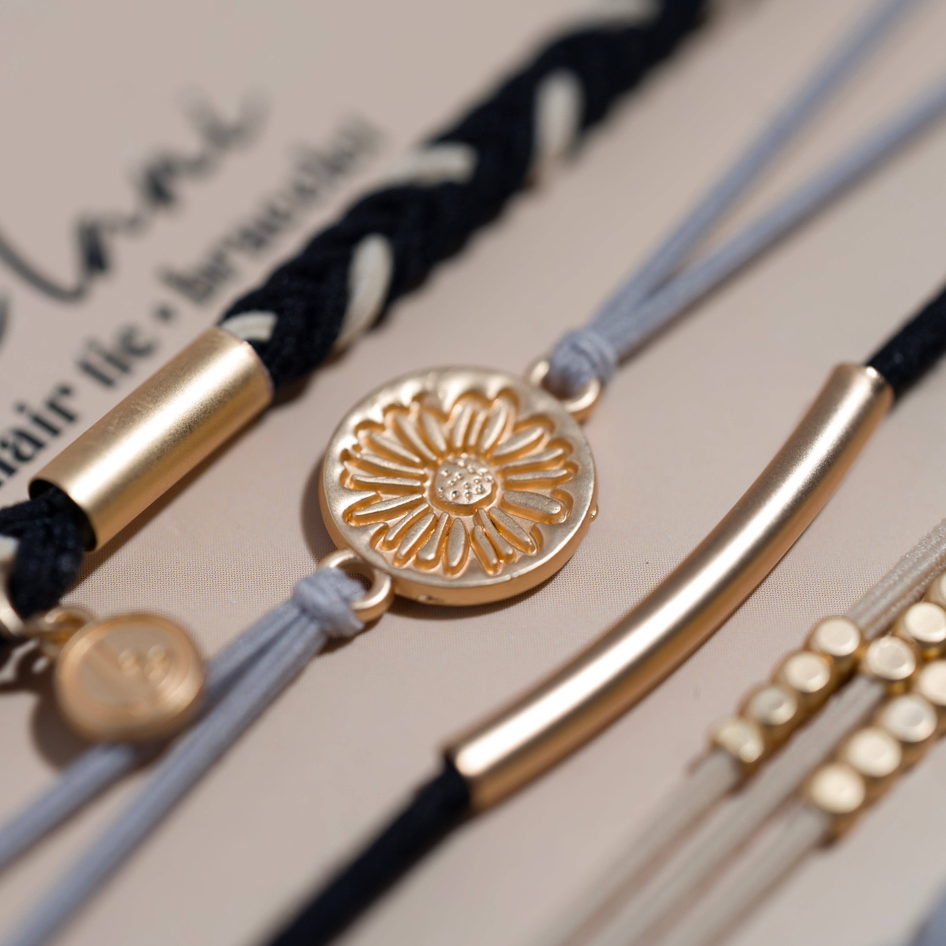 "Inspire" Grey and Black with Gold Flower Accent Hair Tie Bracelets: Large