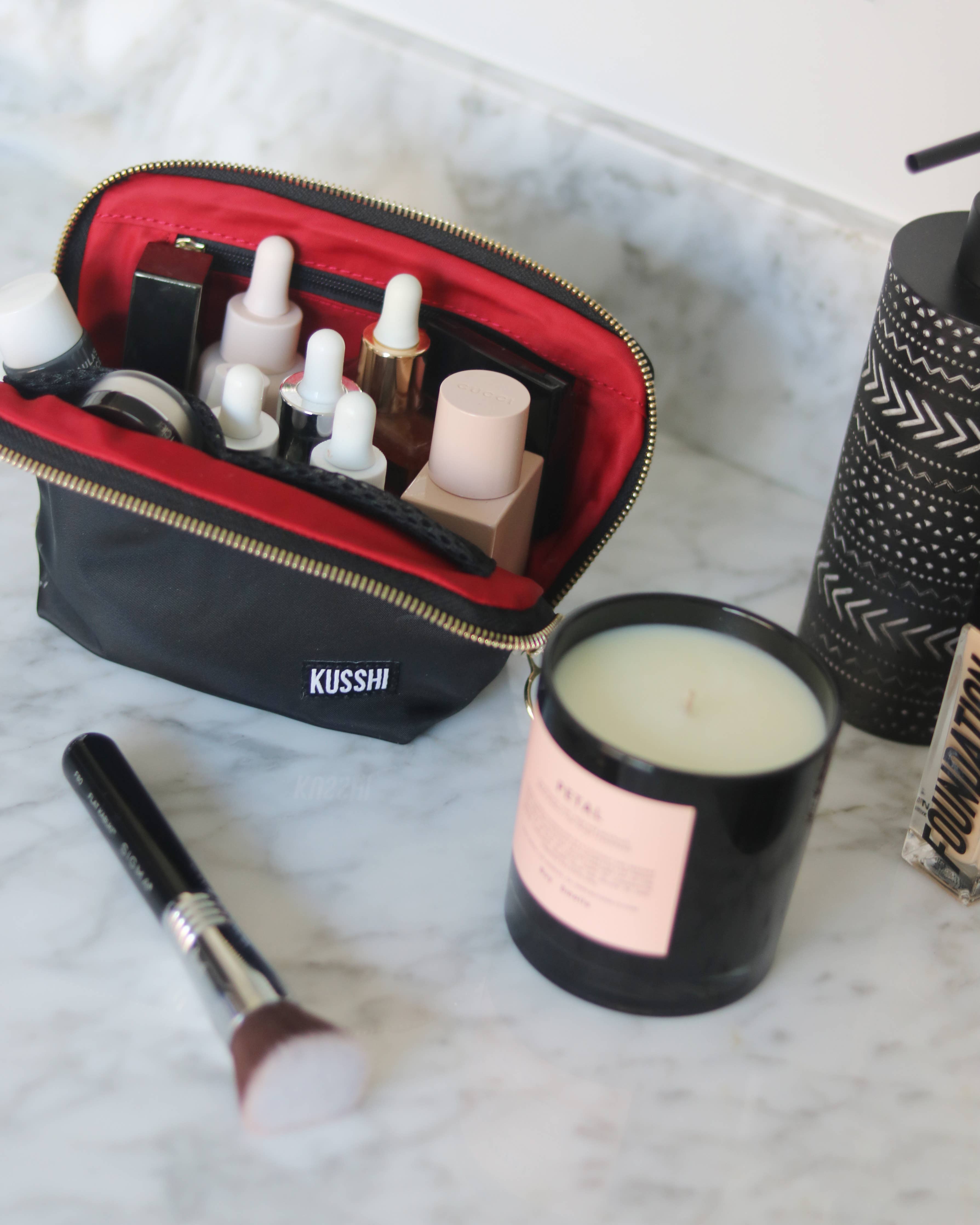 Everyday Makeup Bag - Machine Washable Small Cosmetic Bag, : Black/Pink / Nylon / Everyday Makeup Bag