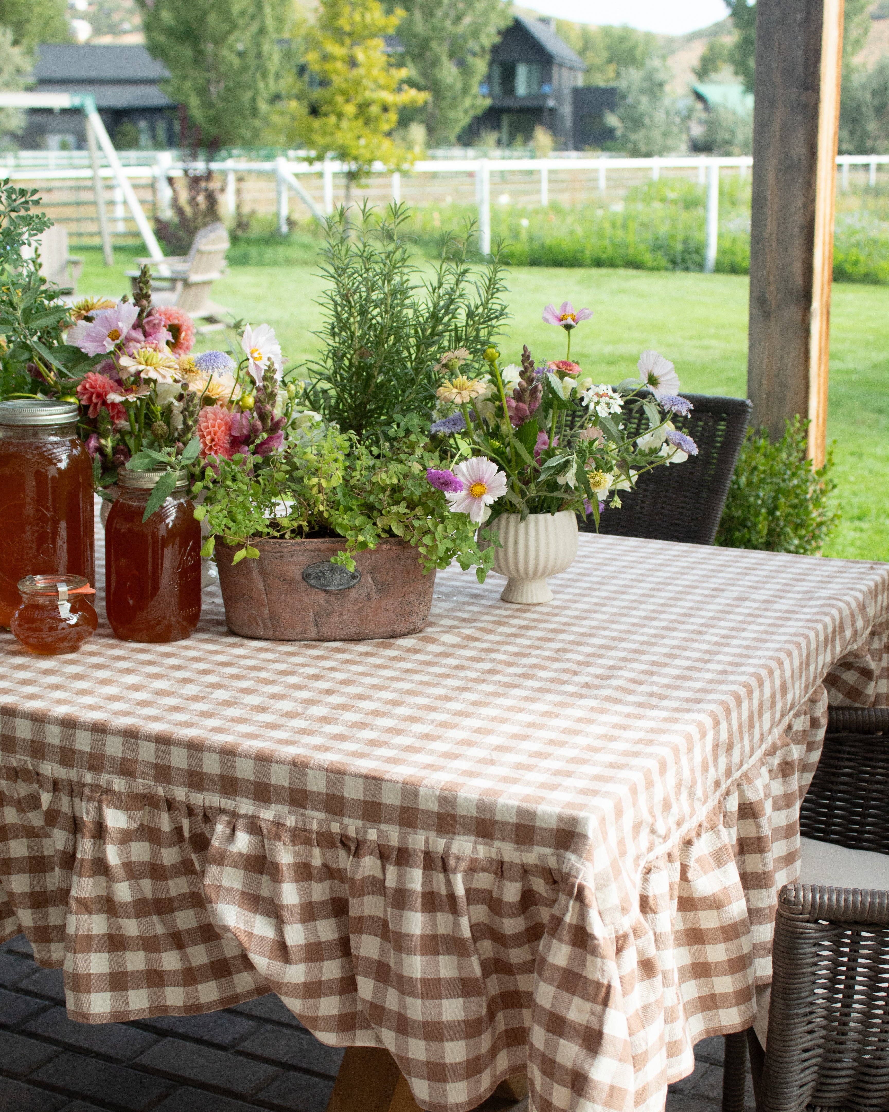 Hazelnut Ruffled Gingham Tablecloth: 60"x120"
