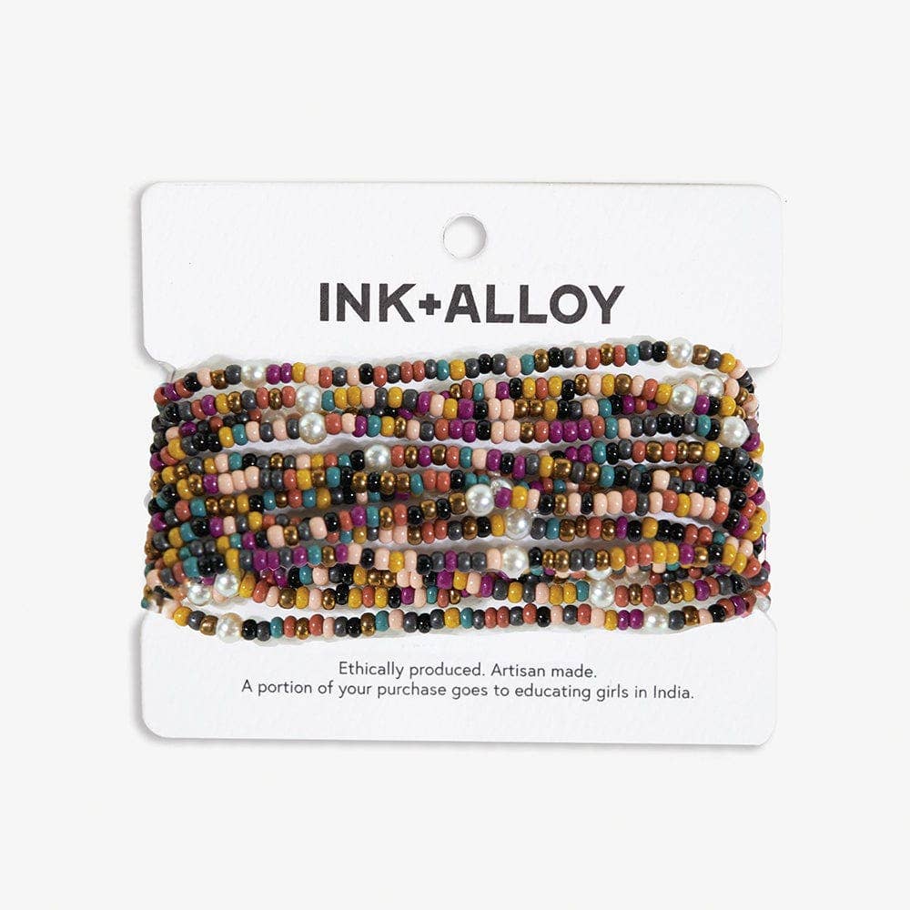 Sage Color Block Beaded 10 Strand Stretch Bracelets Jewel Tone Wholesale
