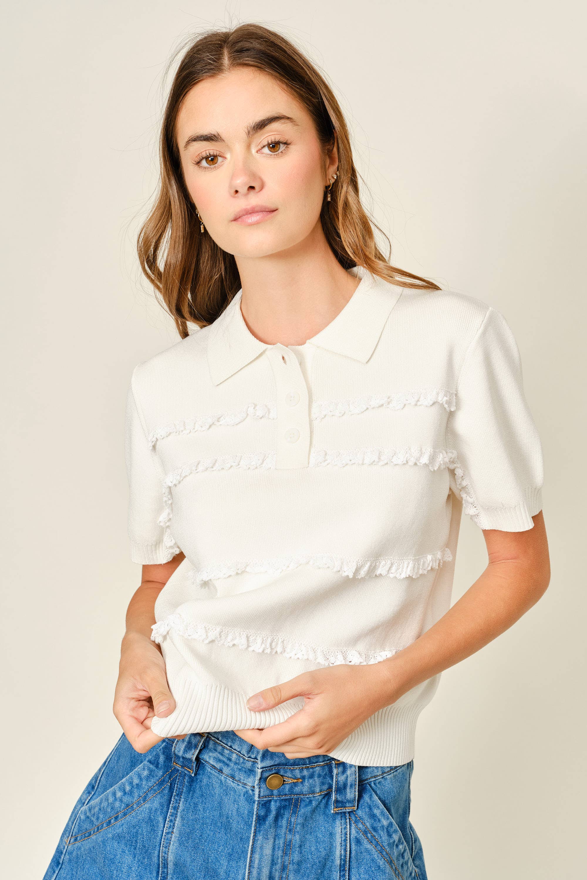 AJT5687 POLO LACE DETAIL SWEATER TOP: OFF WHITE / S