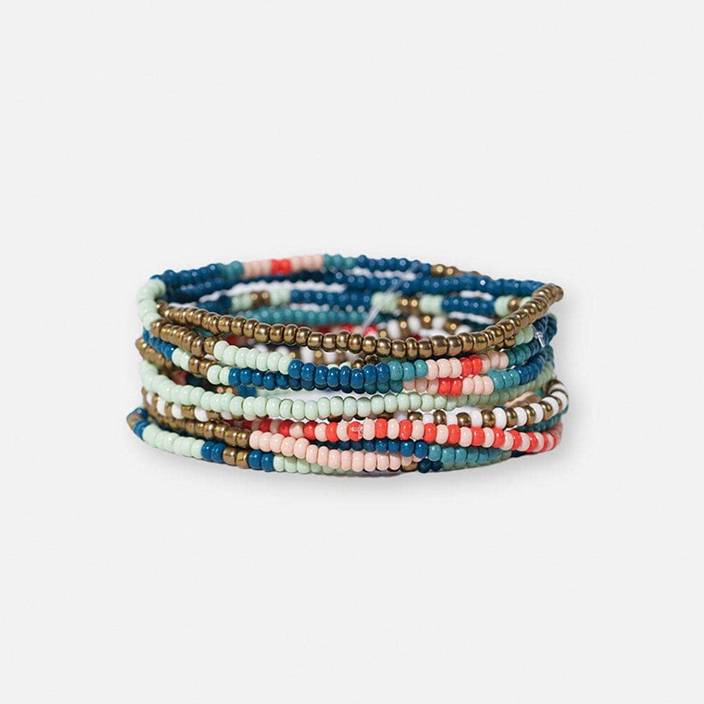 Sage Mixed Stripe Beaded 10 Strand Stretch Bracelet Set Teal + Poppy Wholesale
