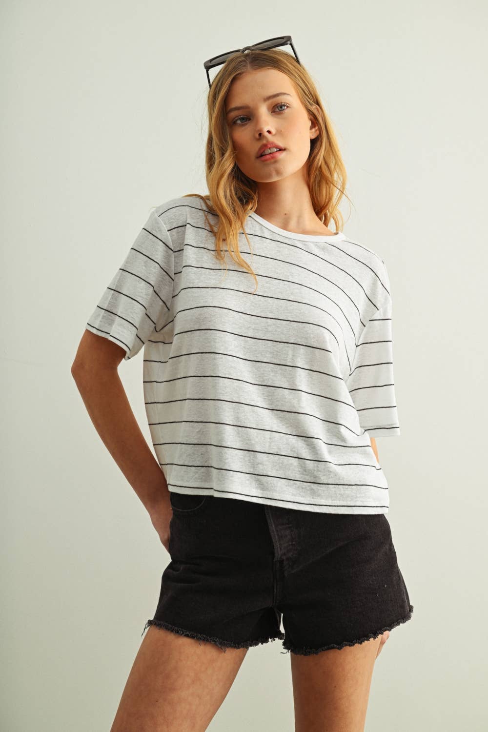 ET6395   STRIPE COTTON LINEN TOP: BEIGE/BLACK / S