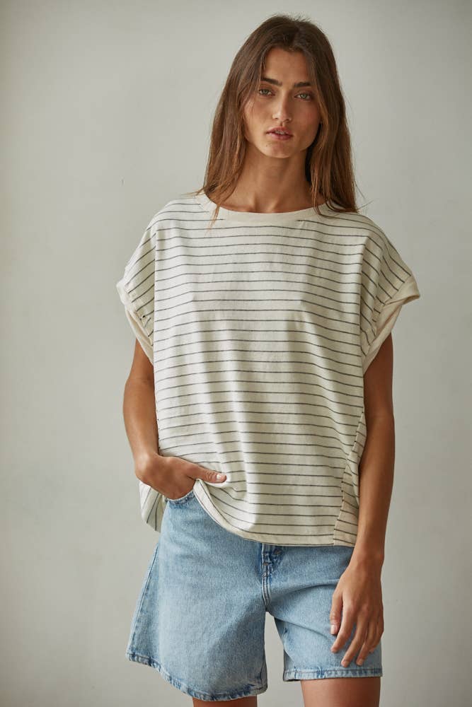 RJ3529 | Knit Striped Jersey Round Neck Short Sleeve Top: Cream Black / M