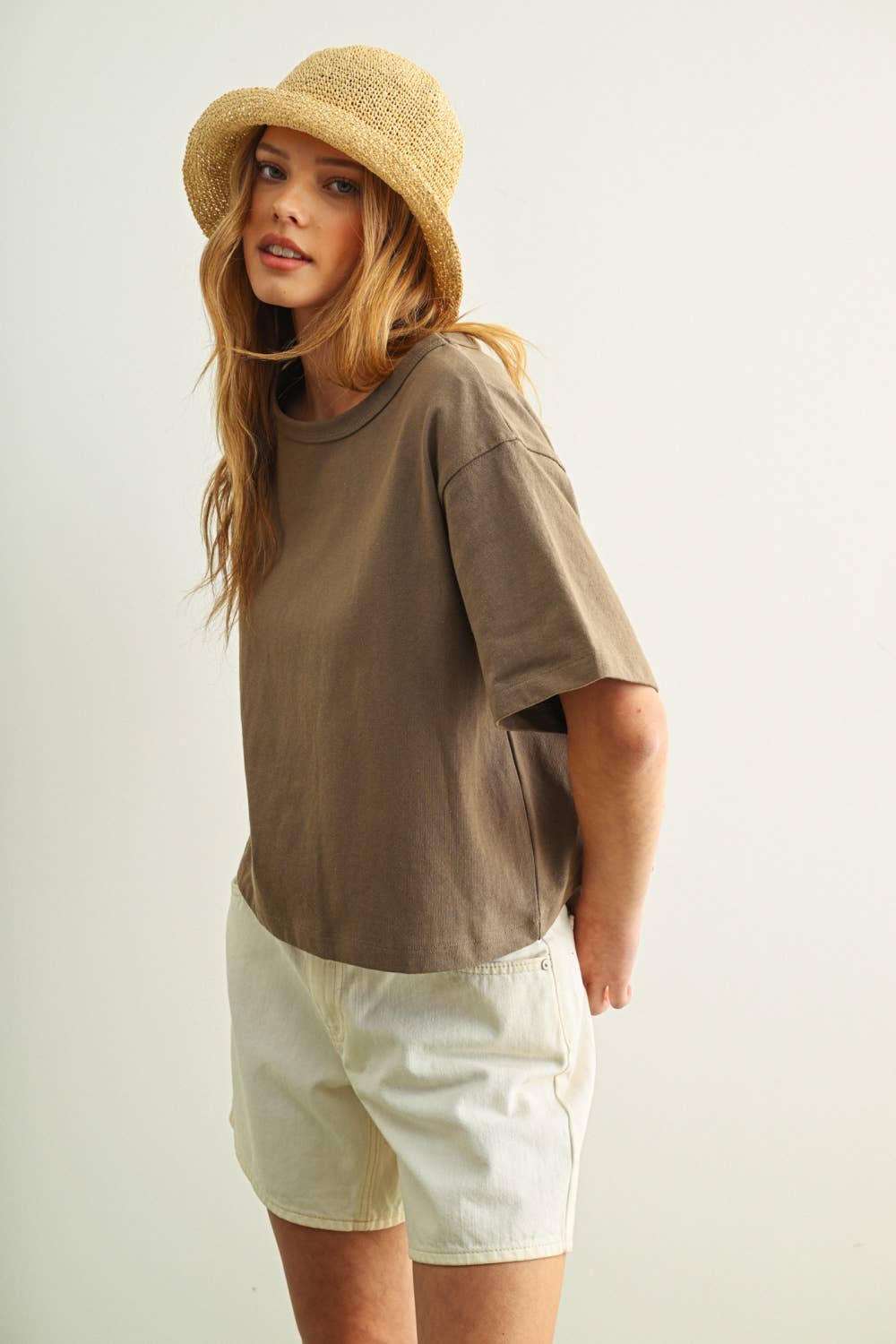ET6399   SHORT SLEEVE LINEN KNITTED TOP: OATMEAL / L