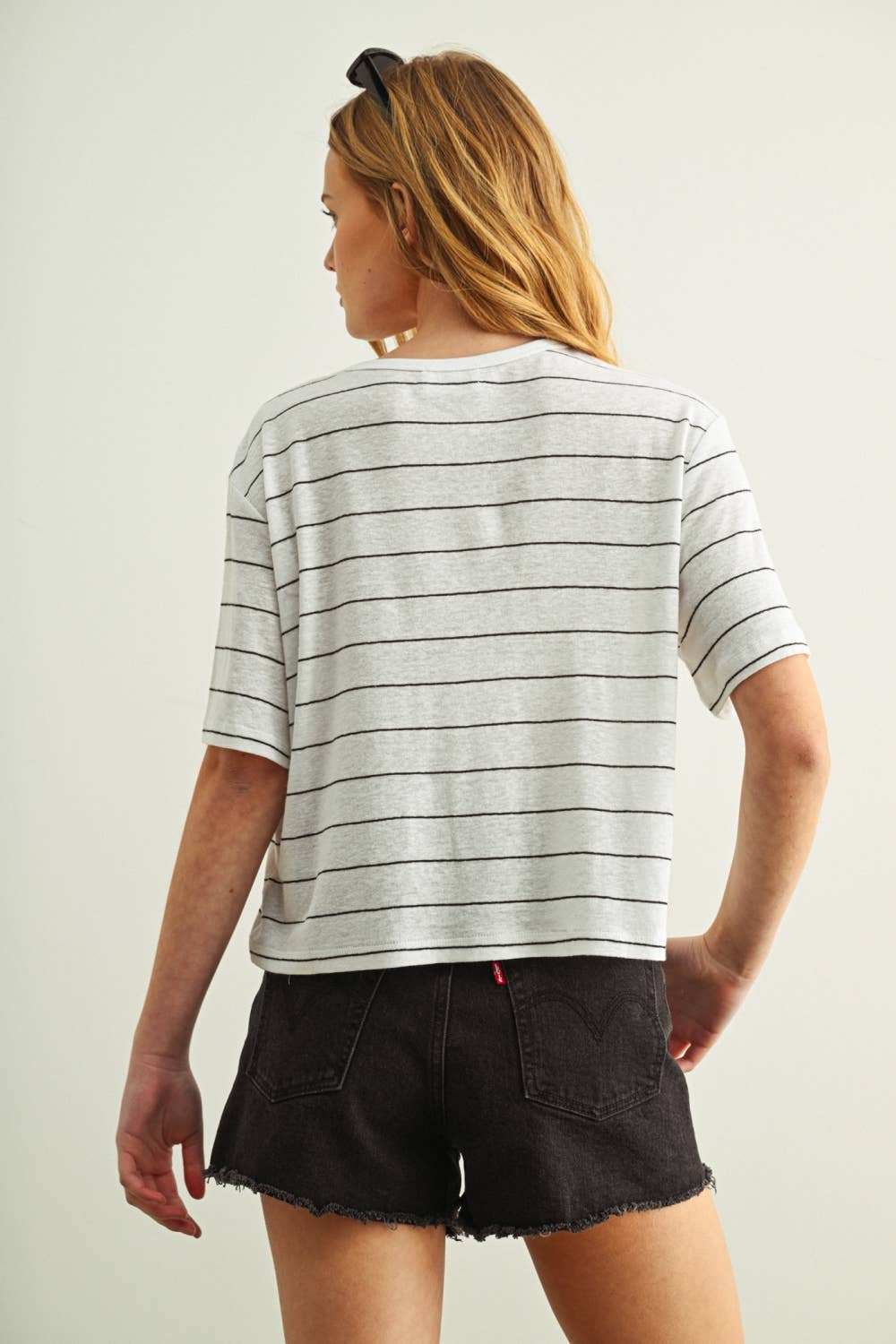 ET6395   STRIPE COTTON LINEN TOP: BEIGE/BLACK / L