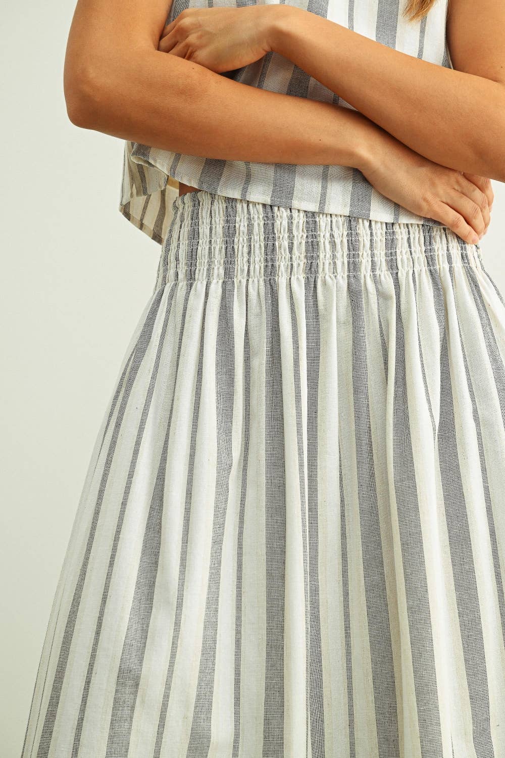 S6381ST   STRIPE PATTERN SMOCK WAIST LONG SKIRT: BLUE/OATMEAL / S