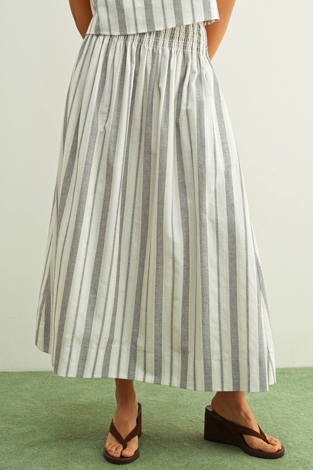 S6381ST   STRIPE PATTERN SMOCK WAIST LONG SKIRT: BLUE/OATMEAL / S