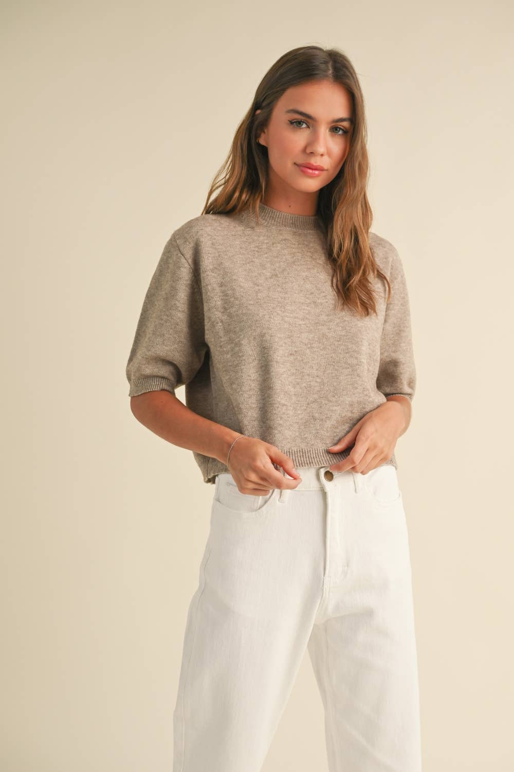 T3675   SHORT SLEEVE SWEATER TOP: CASHMERE BLUE / L
