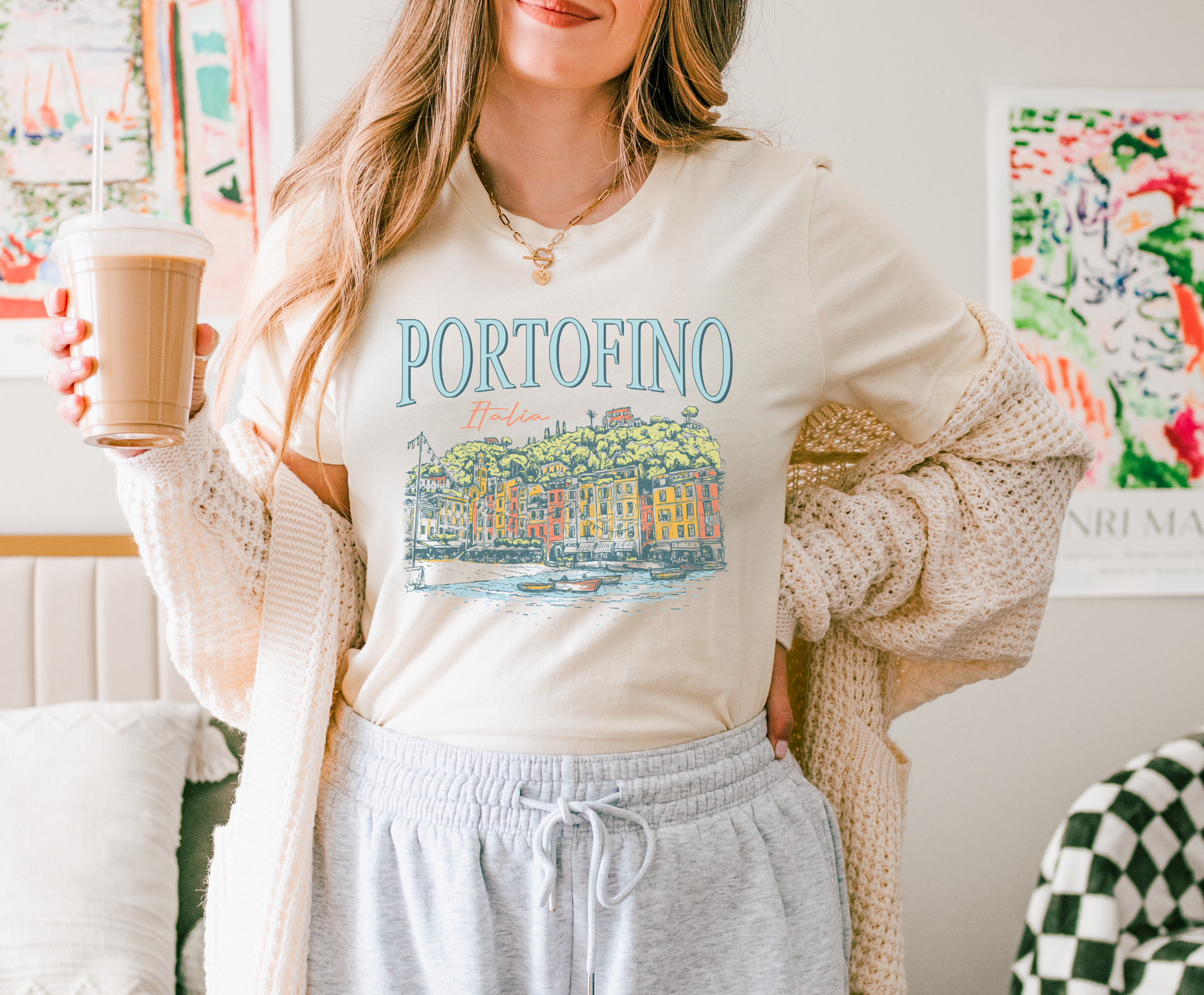 Portofino Italy Scene Graphic Tee | Summer Tee: White / Unisex-Small
