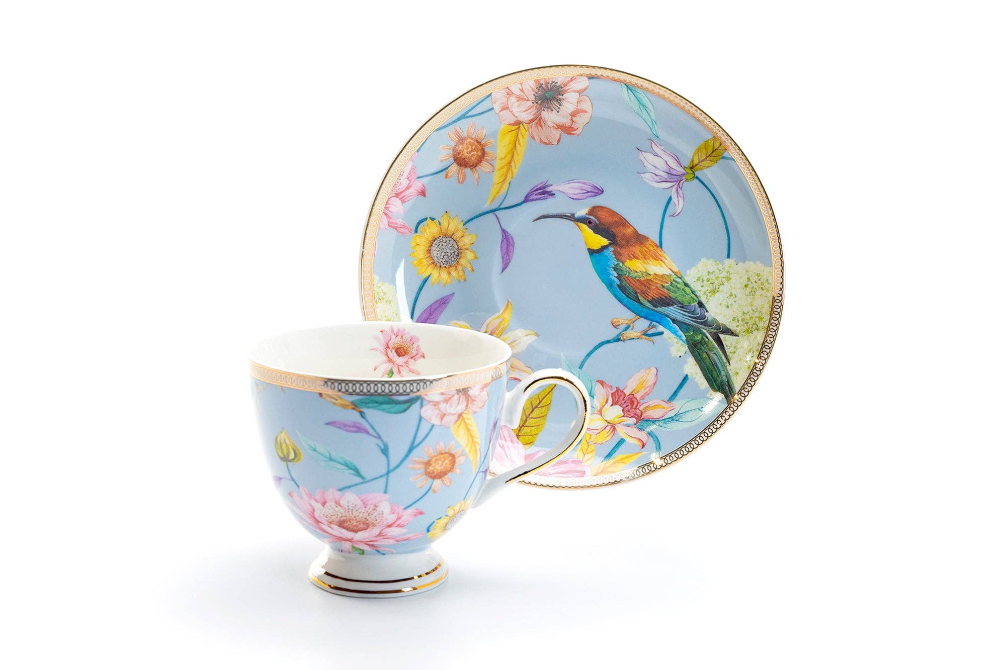 Spring Flowers Hummingbird Porcelain Cup & Saucer Set of 4