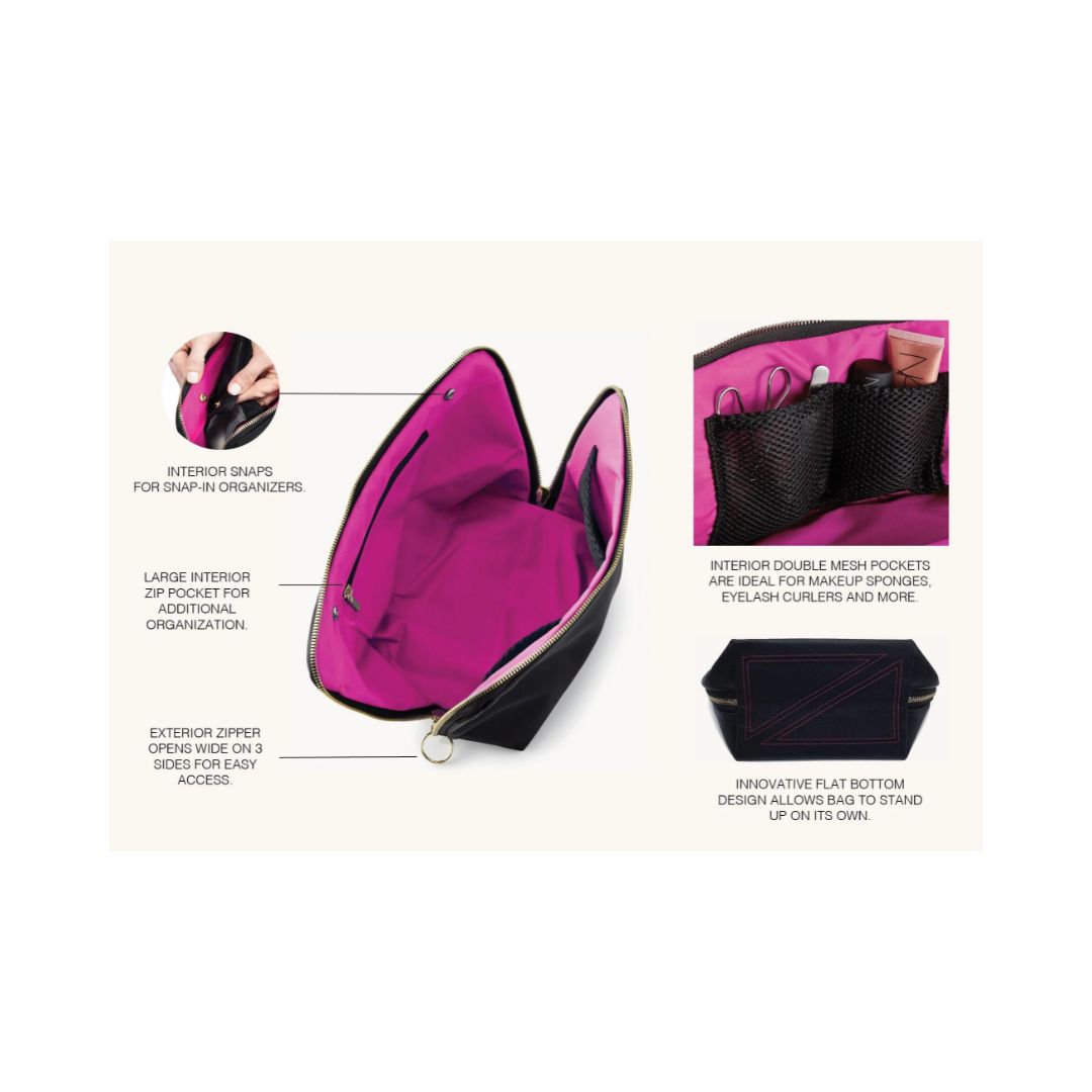 Satin Black Fabric with Pink Interior Vacationer Makeup Bag